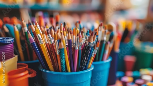 Colorful Pencils and Brushes in a Blue Cup.