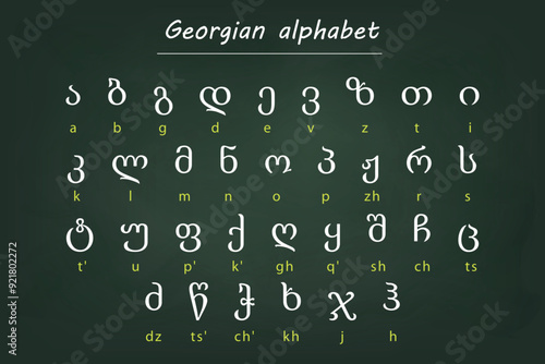 Georgian Alphabet Chart with English Transliteration on Chalkboard photo