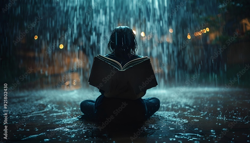 A solitary figure sits in the rain at night. A solitary figure sits in the rain at night.