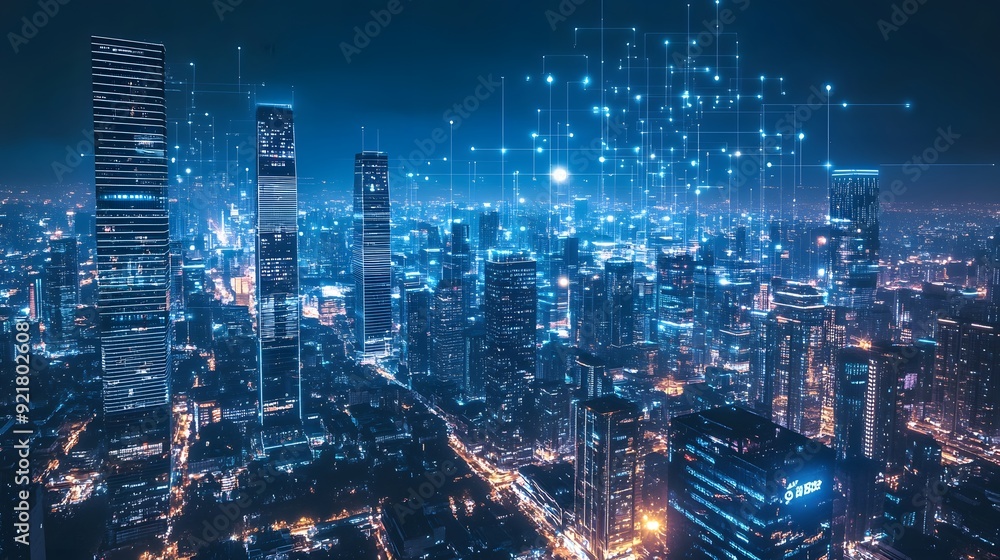 Nighttime view of a technologically advanced city with sleek, illuminated skyscrapers. Premium background for the latest technology needs. Nighttime view of a technologically advanced city with sleek, illuminated skyscrapers. Premium background for the latest technology needs.