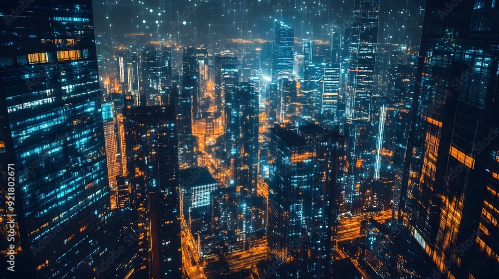 Nighttime view of a technologically advanced city with sleek, illuminated skyscrapers. Premium background for the latest technology needs. Nighttime view of a technologically advanced city with sleek, illuminated skyscrapers. Premium background for the latest technology needs.