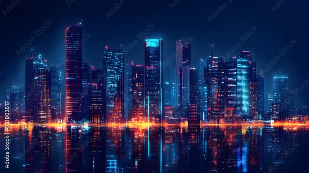 Fototapeta premium Nighttime view of a technologically advanced city with sleek, illuminated skyscrapers. Premium background for the latest technology needs.