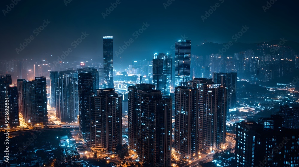 Nighttime view of a technologically advanced city with sleek, illuminated skyscrapers. Premium background for the latest technology needs. Nighttime view of a technologically advanced city with sleek, illuminated skyscrapers. Premium background for the latest technology needs.