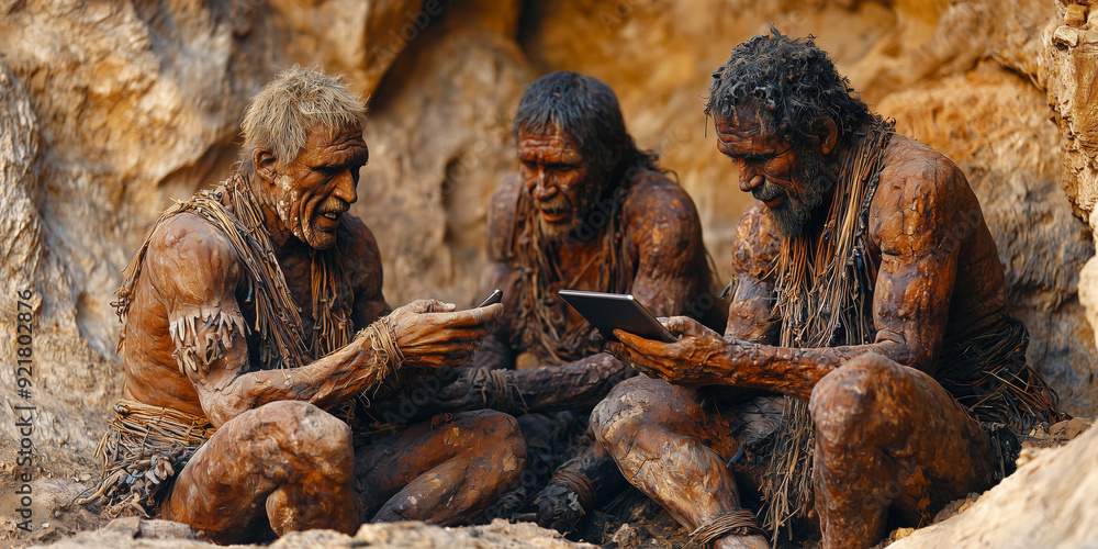 ancient people, Neanderthals with tablets, at the cave in the rock ...