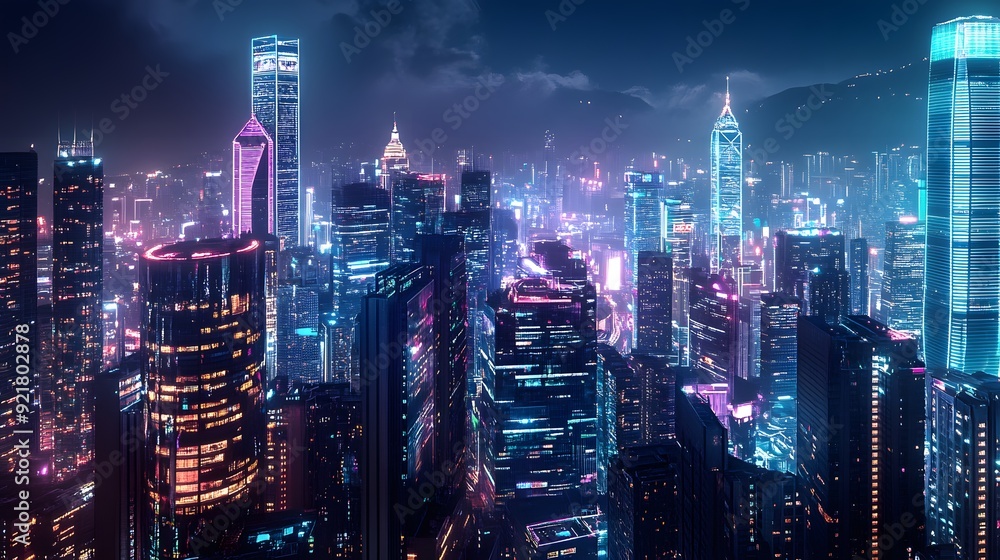Fototapeta premium Nighttime view of a technologically advanced city with sleek, illuminated skyscrapers. Premium background for the latest technology needs.