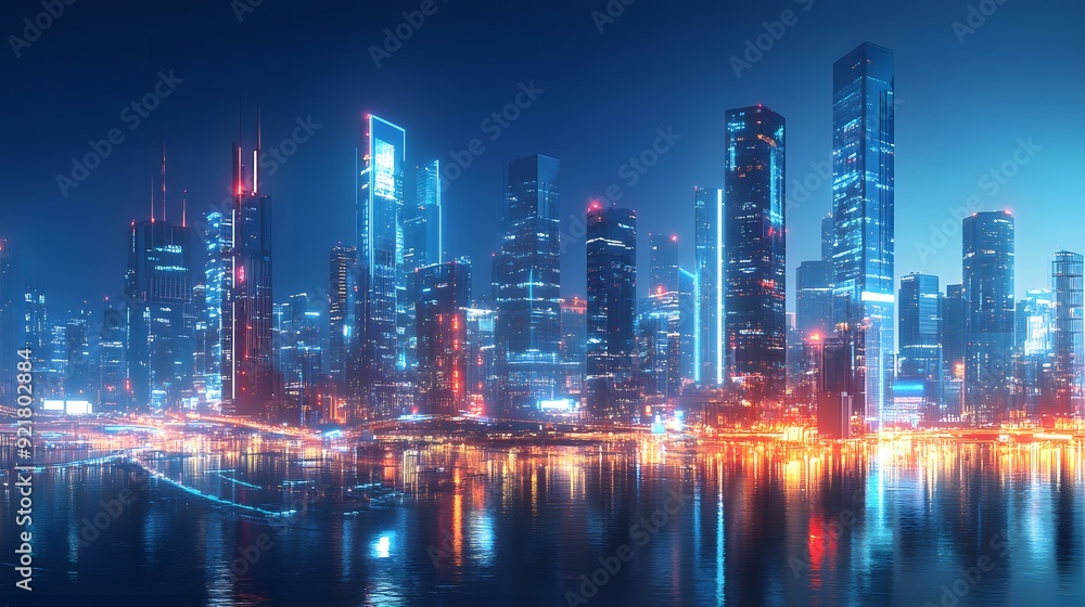 Fototapeta premium Nighttime view of a technologically advanced city with sleek, illuminated skyscrapers. Premium background for the latest technology needs.