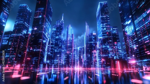 Nighttime view of a technologically advanced city with sleek, illuminated skyscrapers. Premium background for the latest technology needs.