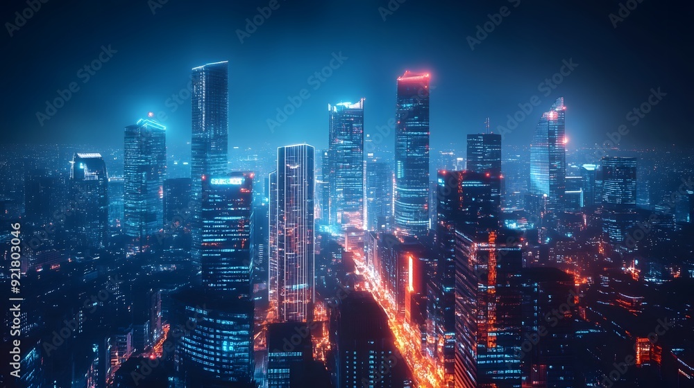 Fototapeta premium Nighttime view of a technologically advanced city with sleek, illuminated skyscrapers. Premium background for the latest technology needs.