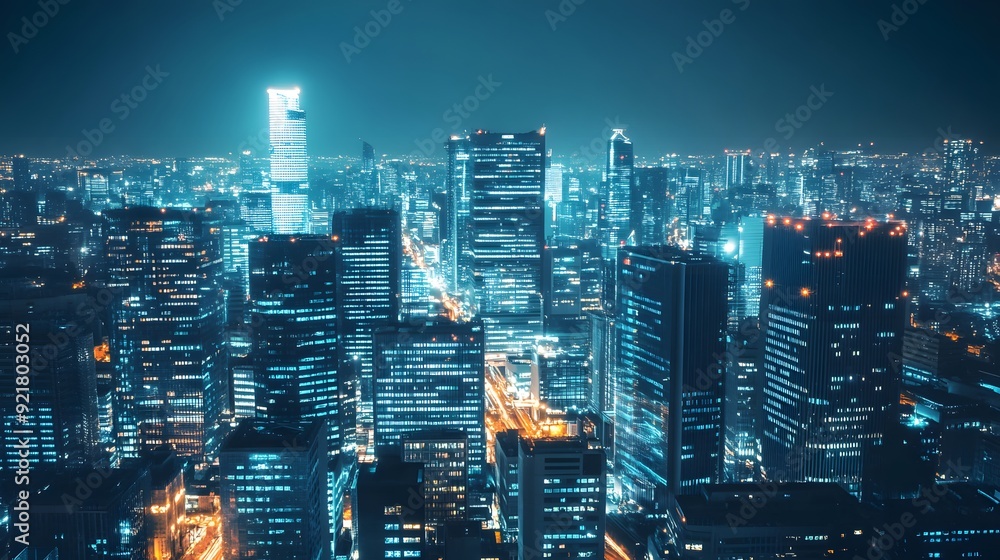 Nighttime view of a technologically advanced city with sleek, illuminated skyscrapers. Premium background for the latest technology needs. Nighttime view of a technologically advanced city with sleek, illuminated skyscrapers. Premium background for the latest technology needs.