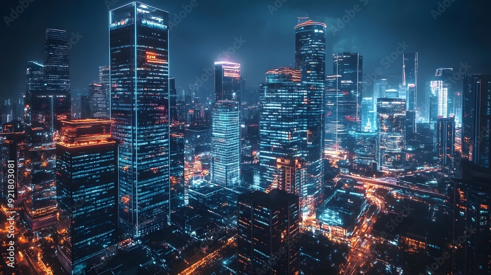 Nighttime view of a technologically advanced city with sleek, illuminated skyscrapers. Premium background for the latest technology needs. Nighttime view of a technologically advanced city with sleek, illuminated skyscrapers. Premium background for the latest technology needs.