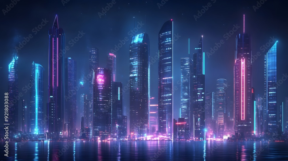 Nighttime view of a technologically advanced city with sleek, illuminated skyscrapers. Premium background for the latest technology needs. Nighttime view of a technologically advanced city with sleek, illuminated skyscrapers. Premium background for the latest technology needs.