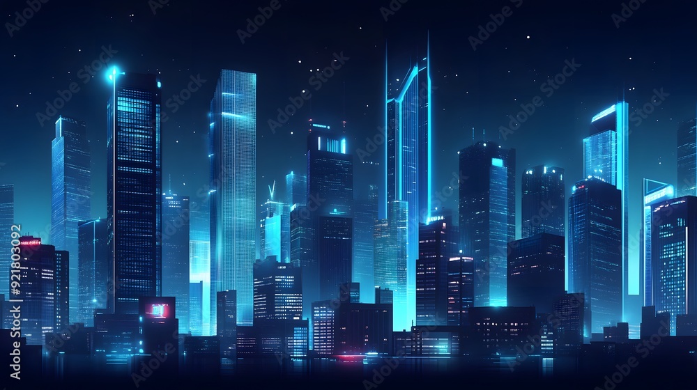 Nighttime view of a technologically advanced city with sleek, illuminated skyscrapers. Premium background for the latest technology needs. Nighttime view of a technologically advanced city with sleek, illuminated skyscrapers. Premium background for the latest technology needs.