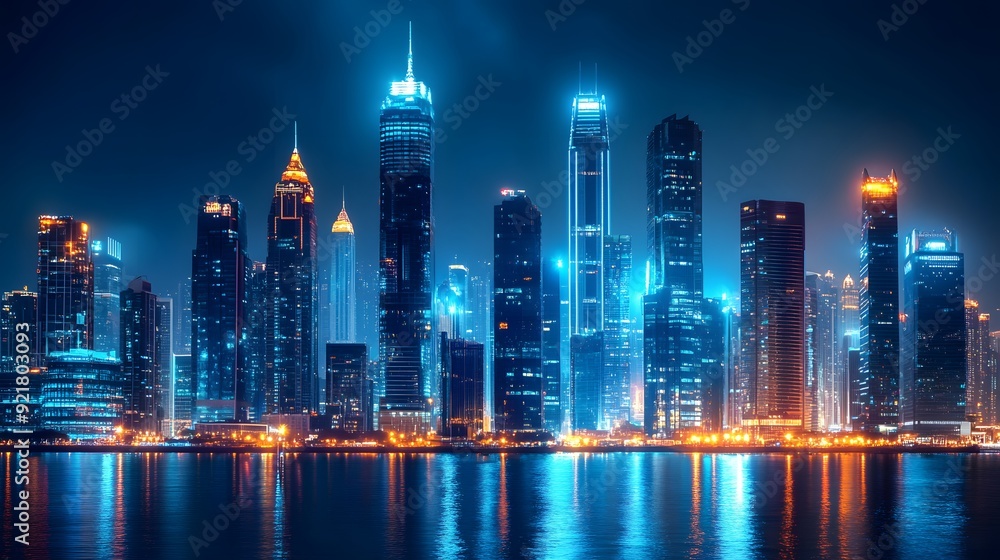 Nighttime view of a technologically advanced city with sleek, illuminated skyscrapers. Premium background for the latest technology needs. Nighttime view of a technologically advanced city with sleek, illuminated skyscrapers. Premium background for the latest technology needs.