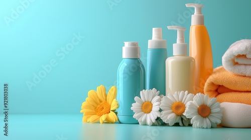 Spa Products with Daisies on Turquoise Background.