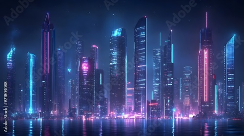 Nighttime view of a technologically advanced city with sleek, illuminated skyscrapers. Premium background for the latest technology needs.