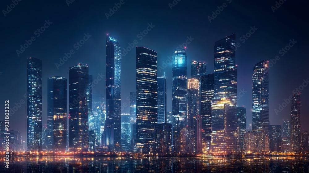 Fototapeta premium Nighttime view of a technologically advanced city with sleek, illuminated skyscrapers. Premium background for the latest technology needs.