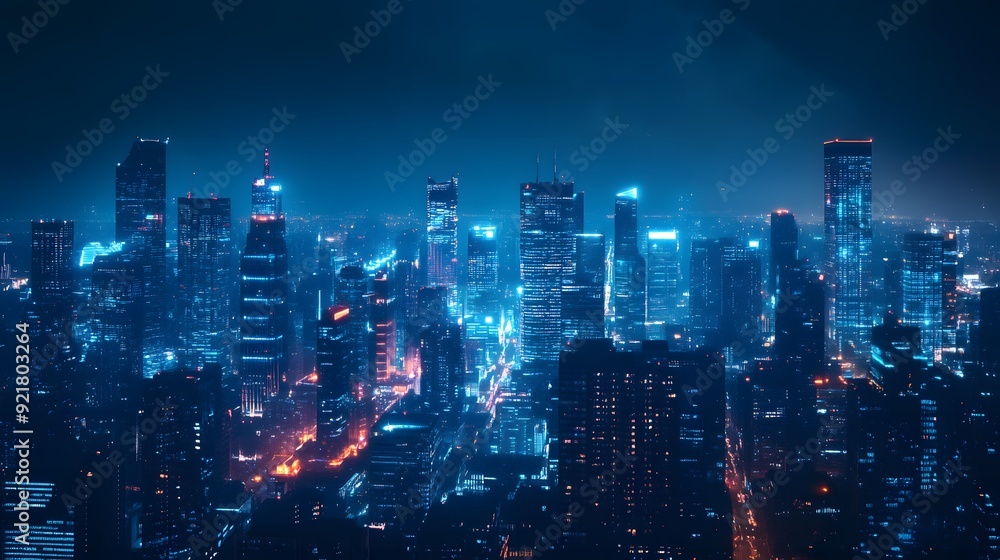 Fototapeta premium Nighttime view of a technologically advanced city with sleek, illuminated skyscrapers. Premium background for the latest technology needs.