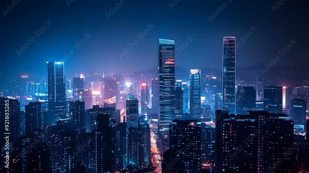 Nighttime view of a technologically advanced city with sleek, illuminated skyscrapers. Premium background for the latest technology needs.