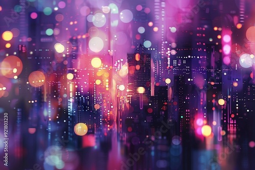 Futuristic Cityscape with Vibrant Bokeh Lights in Purple and Pink Hues. Abstract Urban Night Scene. Generative AI