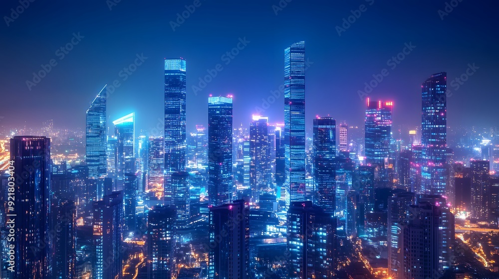 Obraz premium Nighttime view of a technologically advanced city with sleek, illuminated skyscrapers. Premium background for the latest technology needs.