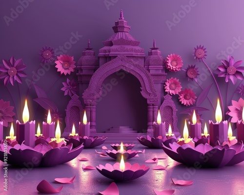 A 3D arch design illustration of an Indian architecture, around the arch lights, candles, diya-oil lamp illuminated on the purple background
