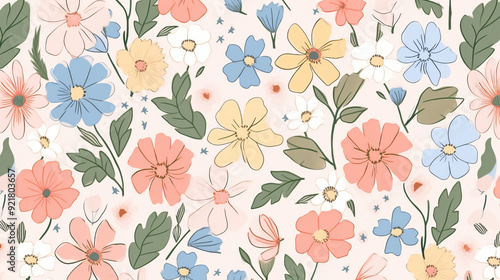 vintage retro cute pastel pink, blue, green and orange floral pattern,seamless wallpaper, patterns, background, backdrop, wallpaper