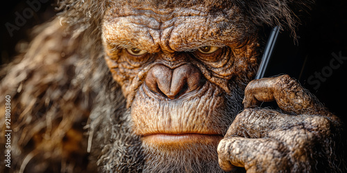 ancient man, pithecanthropus with a mobile phone, close-up photo