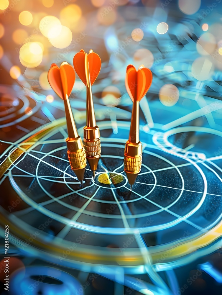 Three Golden Darts Hitting the Bullseye on a Blue Dartboard. Three Golden Darts Hitting the Bullseye on a Blue Dartboard.