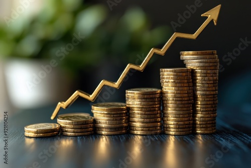 Stacked Coins with Upward Arrow Showing Financial Growth - Concept of Investment, Profit, and Economic Success