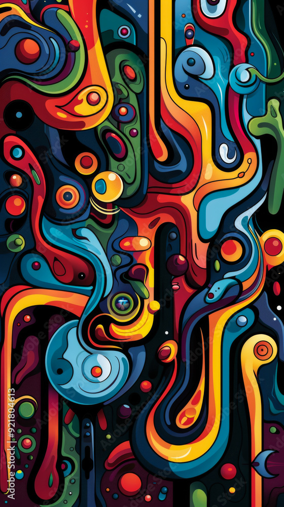Fototapeta premium A colorful abstract painting with many different shapes and colors. The painting is full of energy and movement, with the colors blending and swirling together.