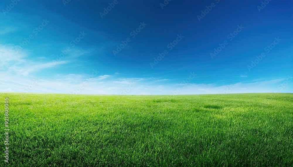 Field of lush green grass with a clear blue sky in the background Field of lush green grass with a clear blue sky in the background