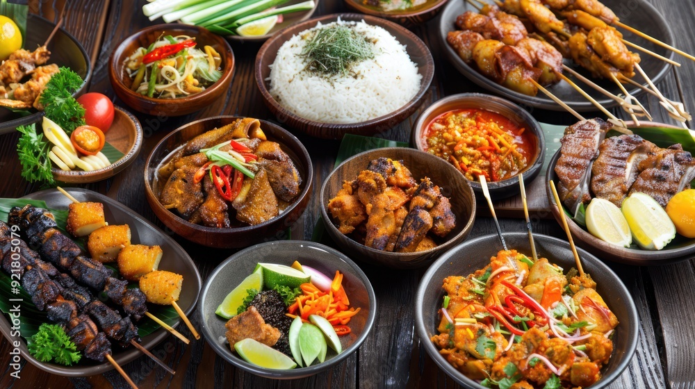 Assortment of Indonesian Cuisine Dishes on a Rustic Wooden Table Assortment of Indonesian Cuisine Dishes on a Rustic Wooden Table