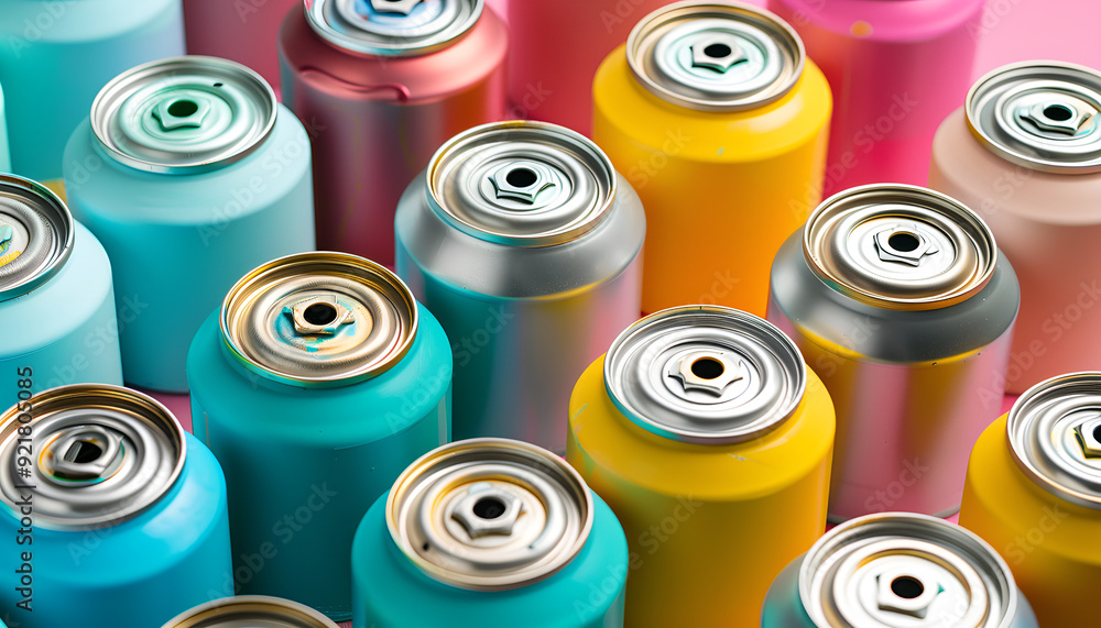 Many spray paint cans on color pastel background Many spray paint cans on color pastel background