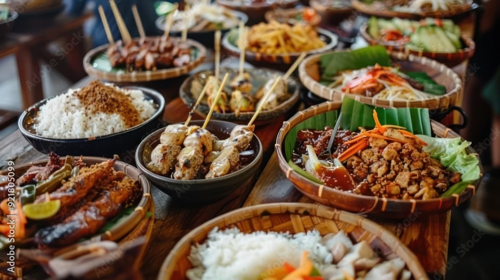 Assorted Indonesian Dishes on a Wooden Table Assorted Indonesian Dishes on a Wooden Table