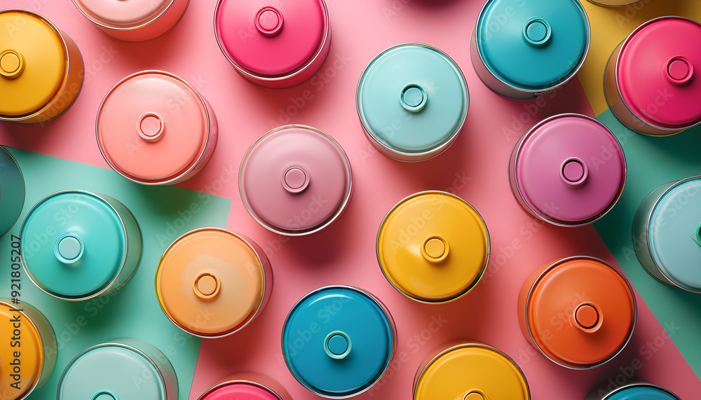 Fototapeta premium Many spray paint cans on color pastel background
