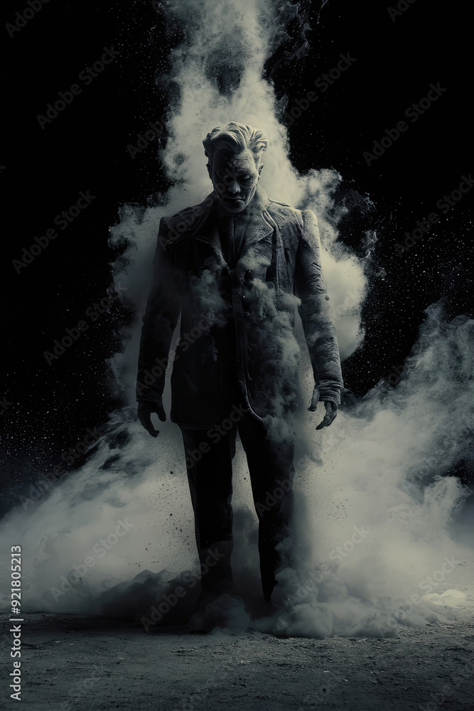 Obraz premium Golem surrounded by a dust cloud on a black background