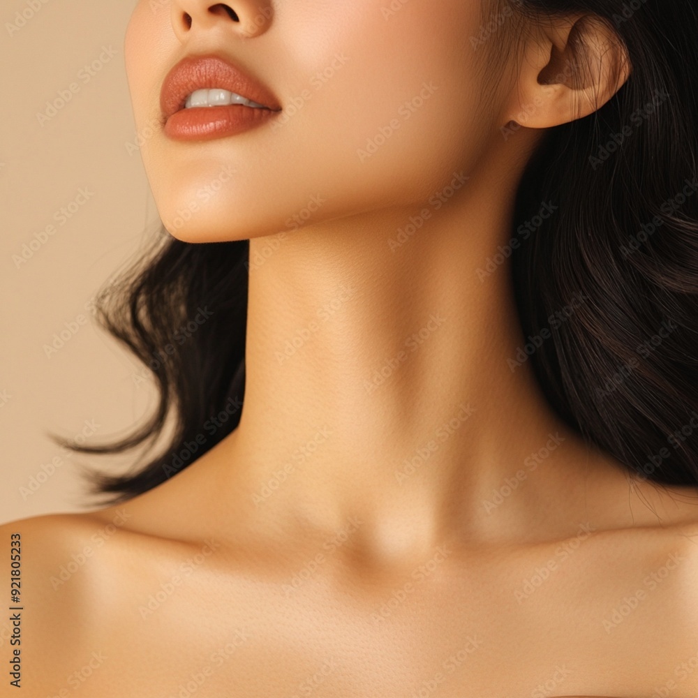 Asian woman wearing a strapless top, focusing on showcasing her beautiful neck and jawline Asian woman wearing a strapless top, focusing on showcasing her beautiful neck and jawline