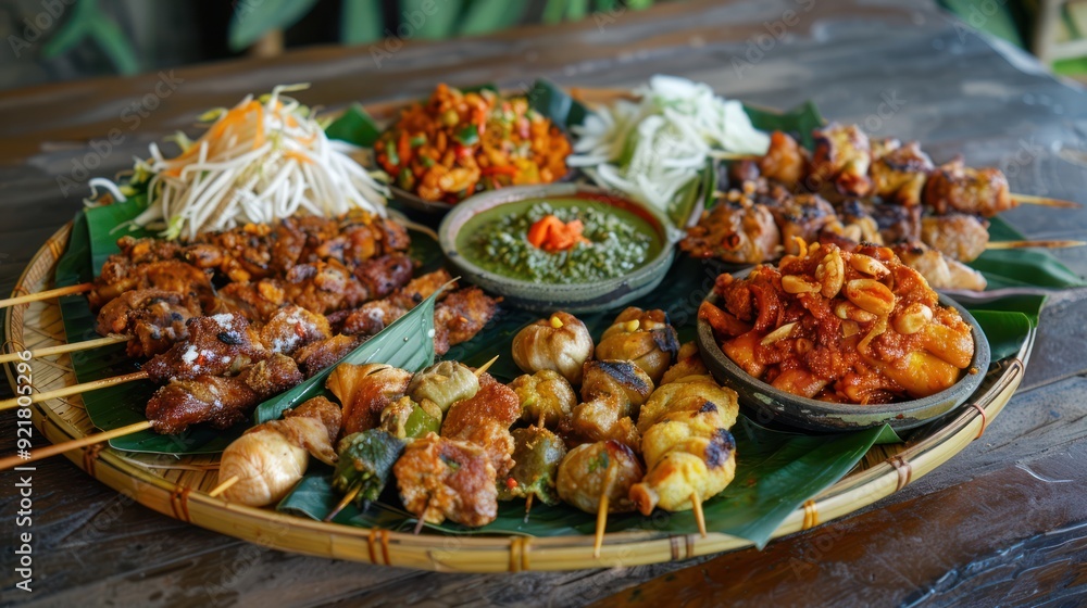 Assorted Grilled Meats and Vegetables on Bamboo Platter Assorted Grilled Meats and Vegetables on Bamboo Platter