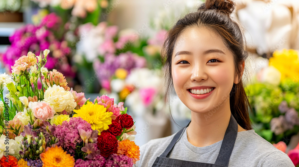 Happy smiling Asian woman florist in a modern flower shop. Sale, small business and floristry concept. Happy smiling Asian woman florist in a modern flower shop. Sale, small business and floristry concept.