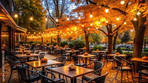 A relaxing evening at a cafe with an outdoor terrace under autumn lights photo