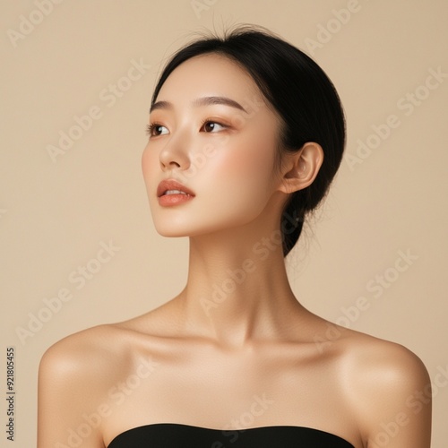 Asian woman wearing a strapless top, focusing on showcasing her beautiful neck and jawline