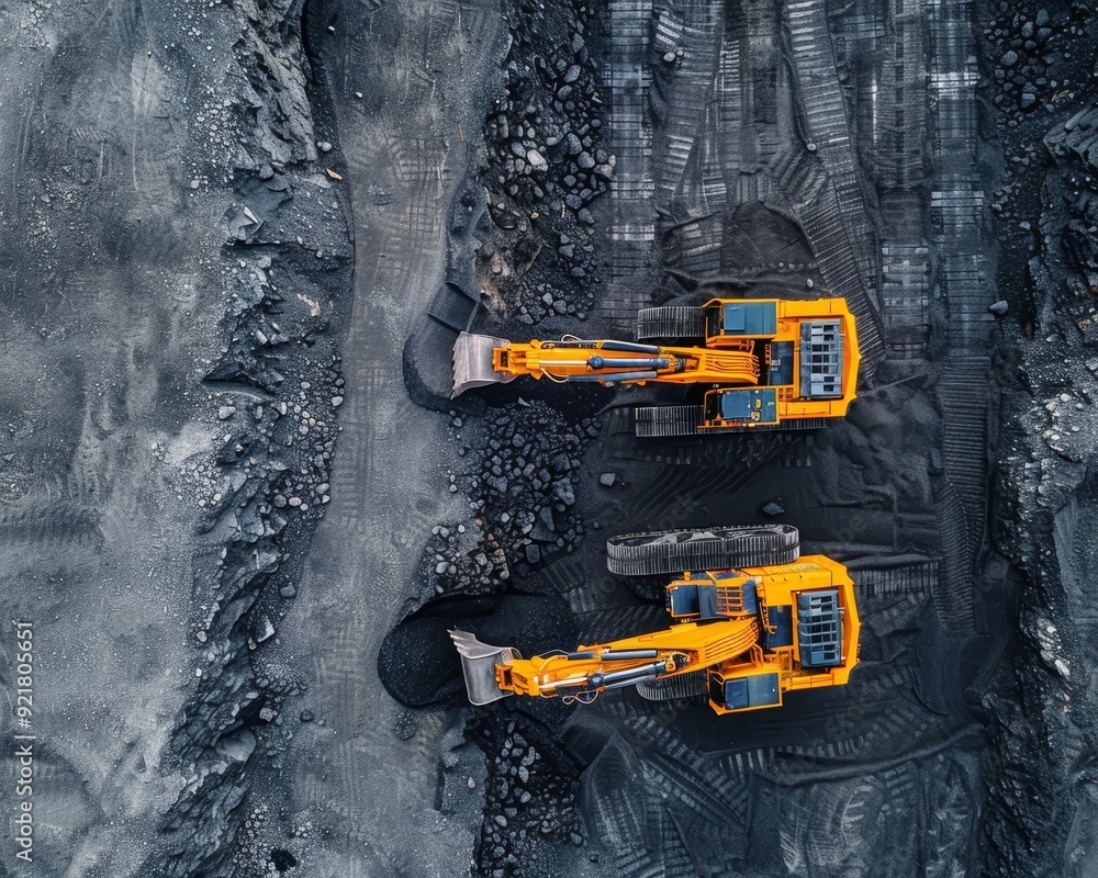 Aerial view of two yellow excavators working in a dark quarry, highlighting heavy machinery in an industrial setting. Aerial view of two yellow excavators working in a dark quarry, highlighting heavy machinery in an industrial setting.