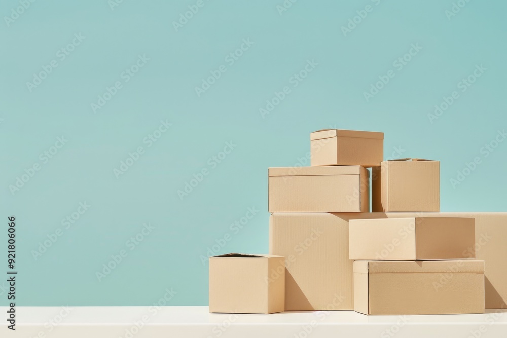 Stacked Cardboard Boxes Against Light Blue Background - Perfect for Shipping, Moving, Storage, or Retail Display Stacked Cardboard Boxes Against Light Blue Background - Perfect for Shipping, Moving, Storage, or Retail Display