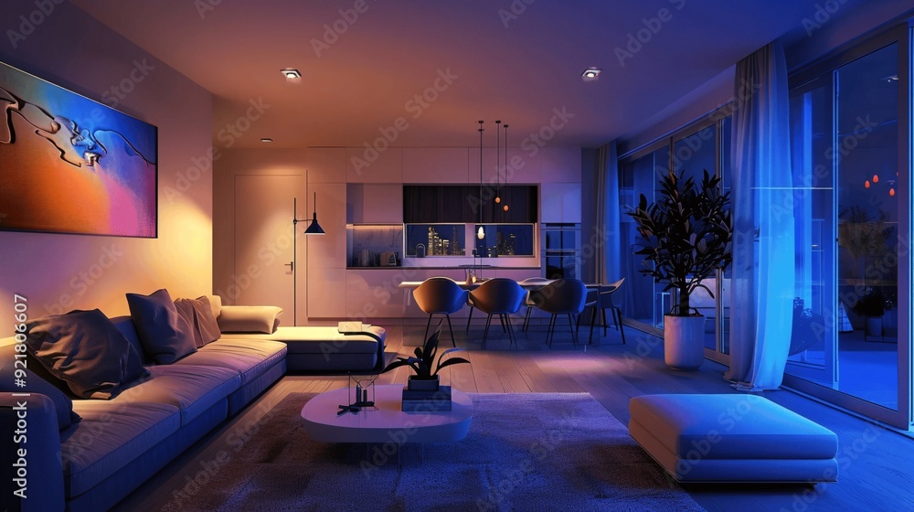 Stylish modern apartment with sleek furniture and ambient lighting creating a chic and elegant interior. Stylish modern apartment with sleek furniture and ambient lighting creating a chic and elegant interior.