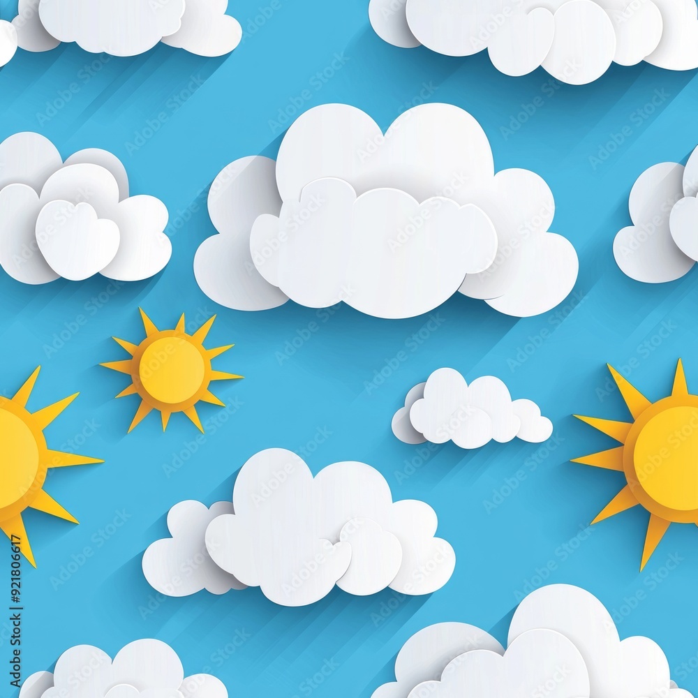 Seamless pattern of paper clouds and sunshine with a bright, sunny atmosphere Seamless pattern of paper clouds and sunshine with a bright, sunny atmosphere