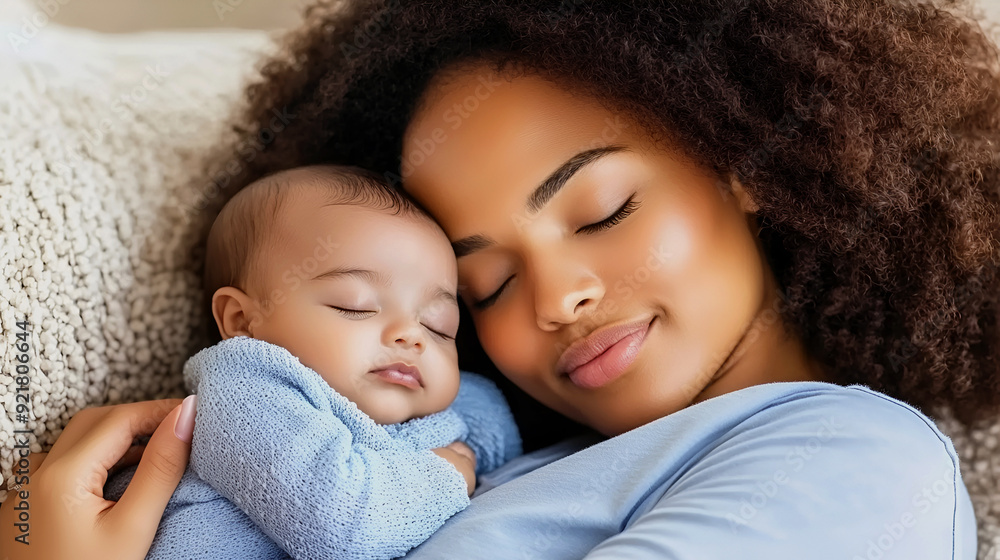 African newborn baby sleeping with mother in bed. Motherhood, childcare, mother’s day concept. African newborn baby sleeping with mother in bed. Motherhood, childcare, mother’s day concept.