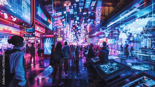 Wallpaper Mural Futuristic market street at dusk with sleek stalls selling high-tech gadgets Torontodigital.ca