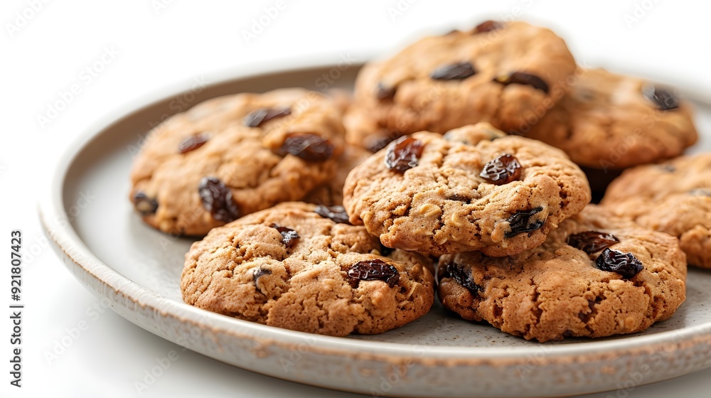 Freshly Baked Oatmeal Cookies with Raisins on a White Background Freshly Baked Oatmeal Cookies with Raisins on a White Background