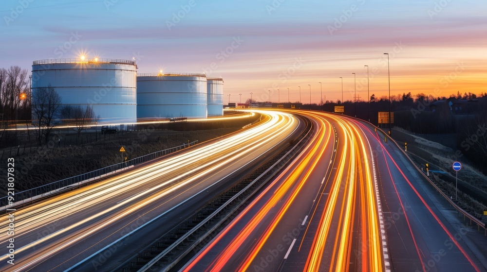 Dynamic highway scene showcasing light trails from vehicles and industrial storage tanks against a vibrant sunset. Dynamic highway scene showcasing light trails from vehicles and industrial storage tanks against a vibrant sunset.