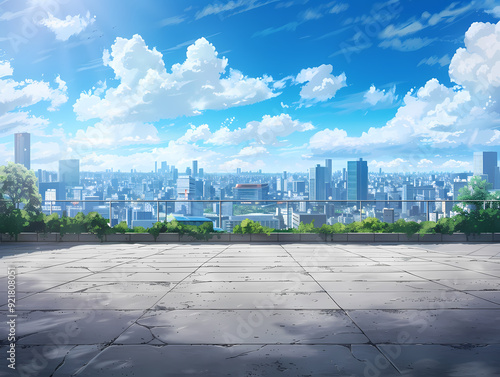 Panoramic city in the background, during the day, in anime style